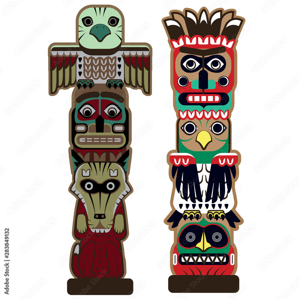 American indians totems flat color illustration on white American indians totems flat color illustration on white