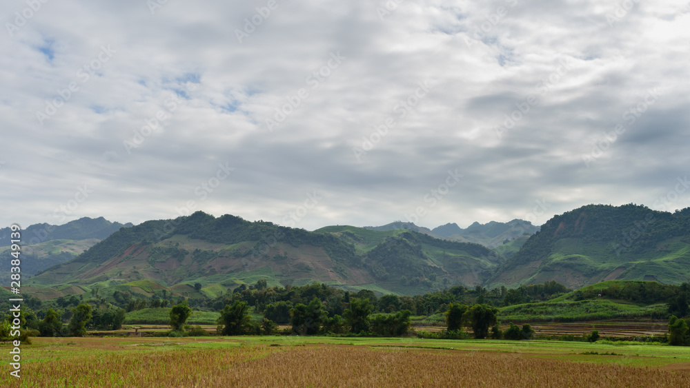 Vue des montagnes du Nord Vietnam et de rizières ainsi que d'une route