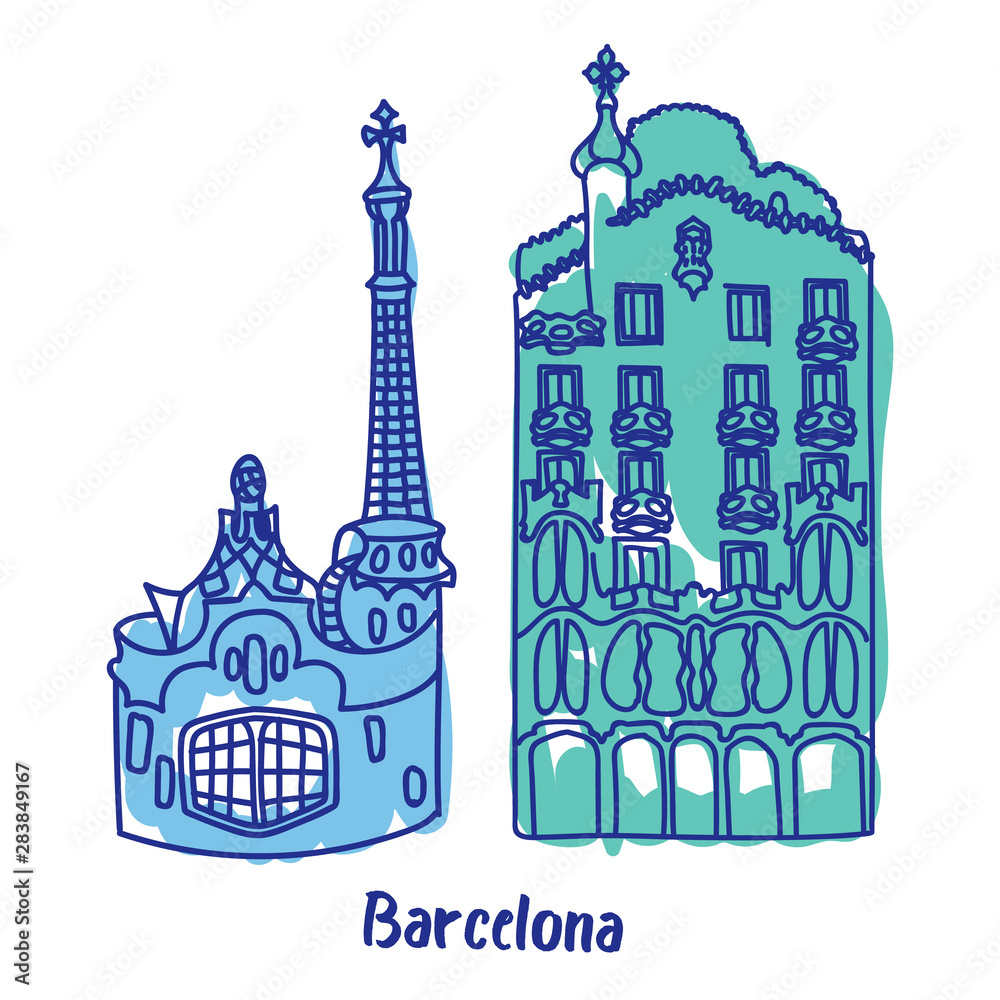Barcelona buildings flat color illustration