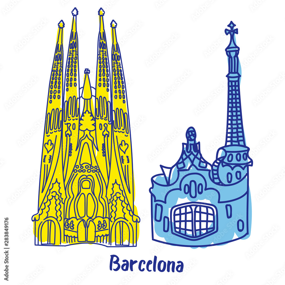 Fototapeta premium Barcelona buildings flat color illustration