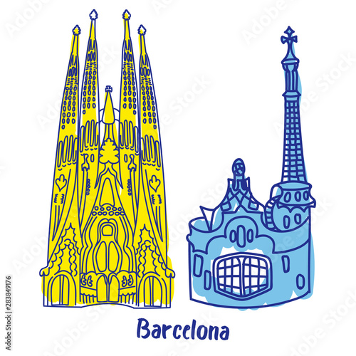 Barcelona buildings flat color illustration