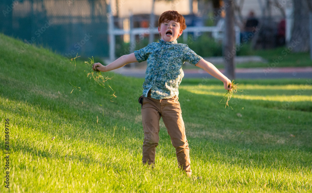 red haired boy playing in grass red haired boy playing in grass