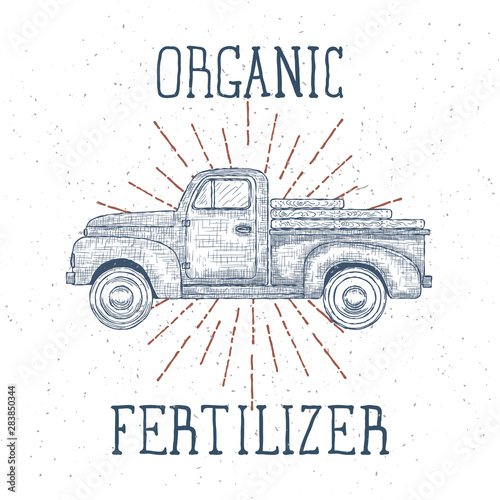 Hand drawn Engraved Retro Vintage Pickup Truck. Vector