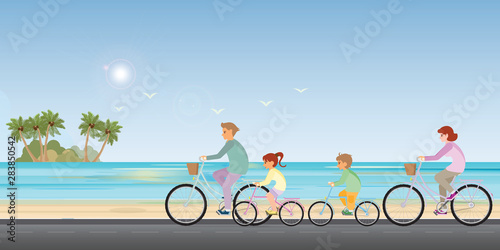 Family are riding on bicycles on beach background.