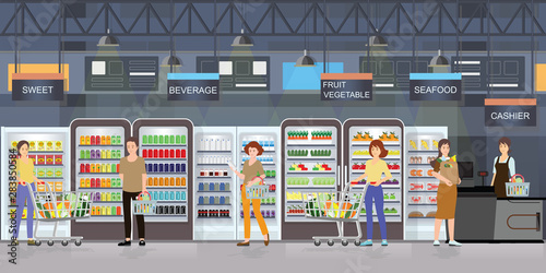 People shopping in supermarket interior with goods on shelves .