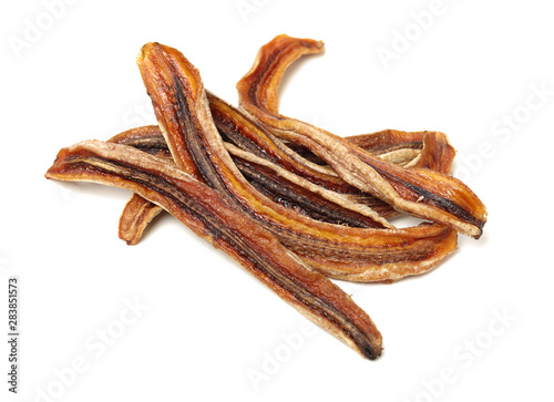 Dried bananas on white background