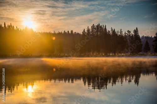Sunbeams Through Low Fog over Yellowstone River at Sunrise - 2