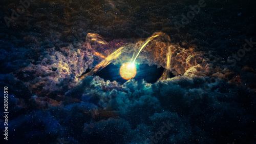 Fototapeta Naklejka Na Ścianę i Meble -  Star surrounded by a protoplanetary disk and clouds, science fiction background. Elements of this image furnished by NASA.