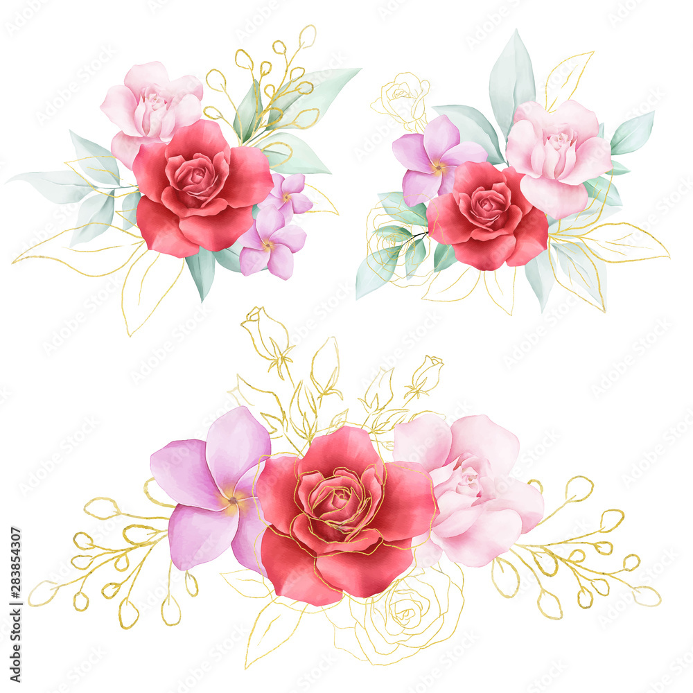 Beautiful golden watercolor flowers arrangements for invitation cards element