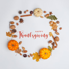 Thanksgiving Greetings. Pumpkins and dry leaves on a white background. Top view.