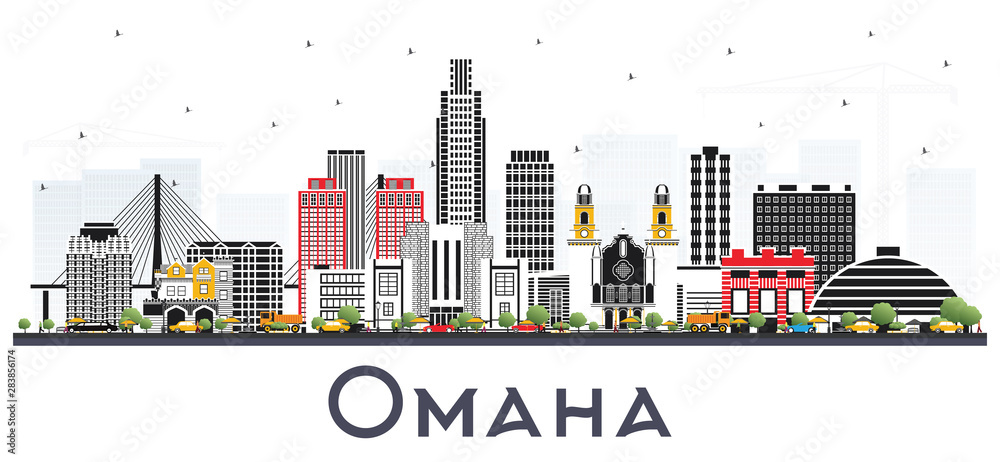 Omaha Nebraska City Skyline with Color Buildings Isolated on White.