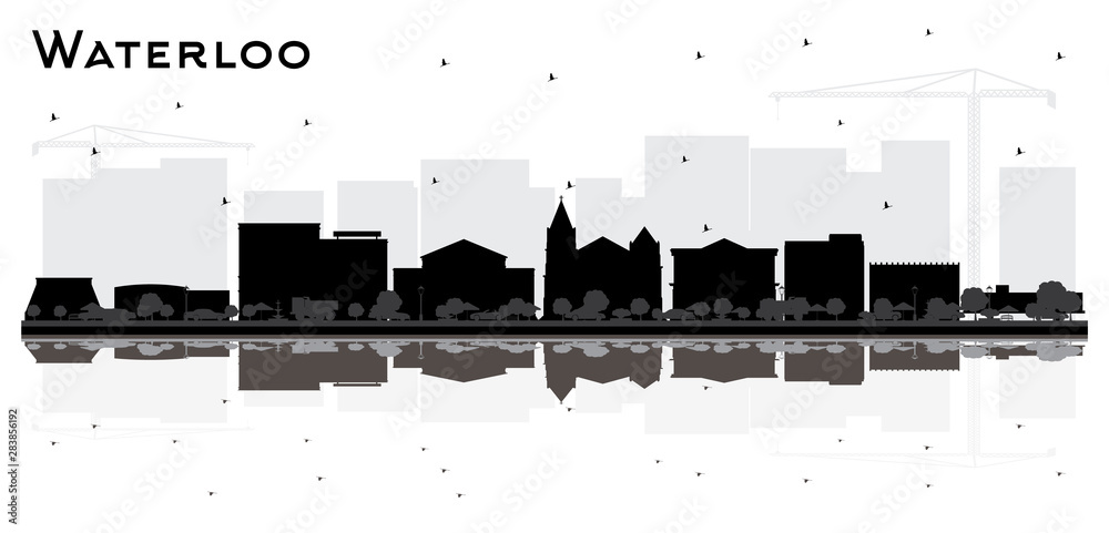 Waterloo Iowa City Skyline Silhouette with Black Buildings and Reflections Isolated on White.