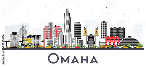 Omaha Nebraska City Skyline with Color Buildings Isolated on White.