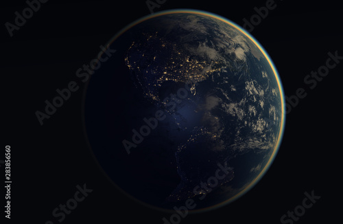 Realistic image of the earth during the night, as seen from space-South and North America © Mike Mareen