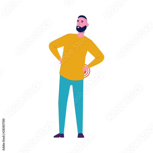 Back pain. Young man with backache problems. Flat style vector illustration.