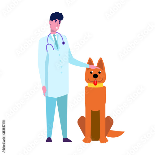 Profession veterinarian doctor character and animal. Flat style vector illustration.