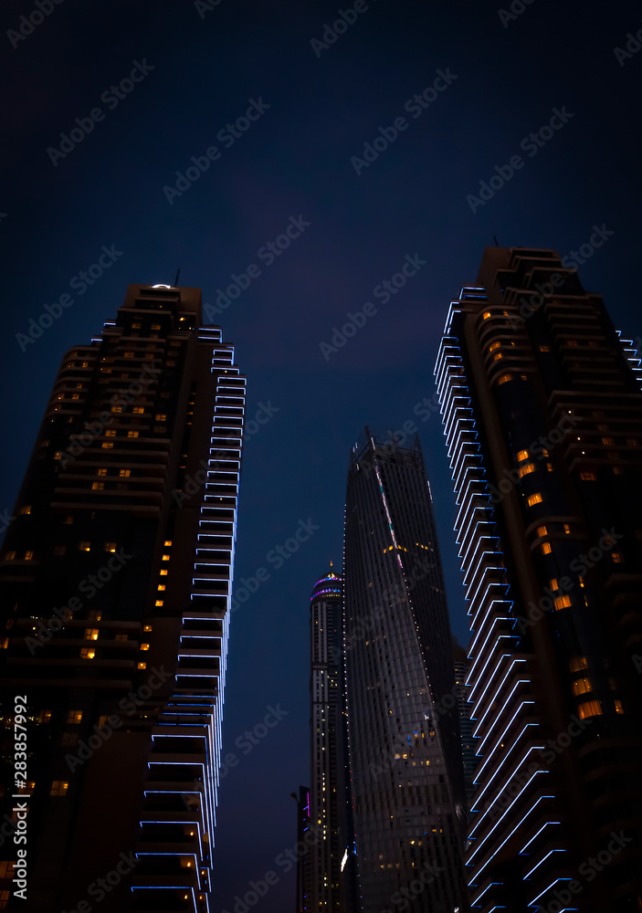 View of the high-rise buildings of Dubai in the evening. Dubai Marina district.