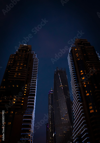 View of the high-rise buildings of Dubai in the evening. Dubai Marina district.