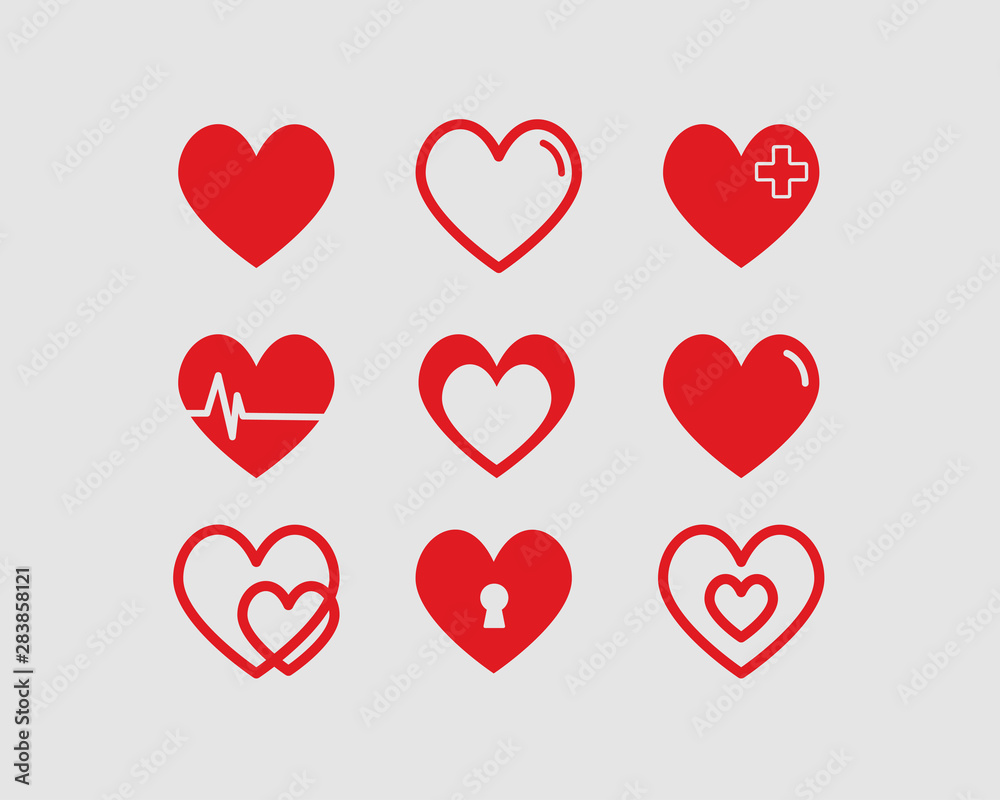 Red hearts vector illustrations set Valentines day Red hearts vector illustrations set Valentines day