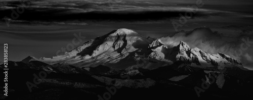 Mount Baker at sunset in black and white