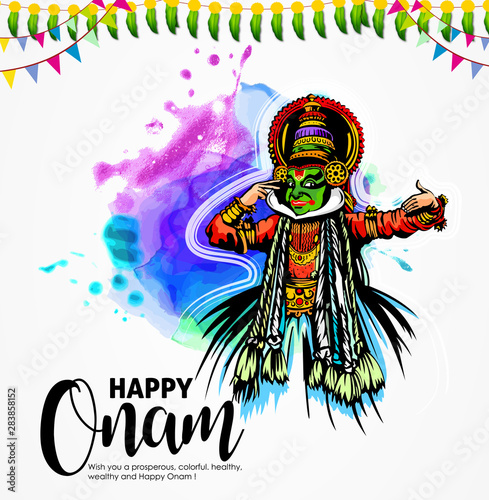 illustration of colorful Kathakali dancer and snakeboat race in Onam celebration .