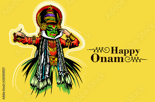 illustration of colorful Kathakali dancer and snakeboat race in Onam celebration . photo