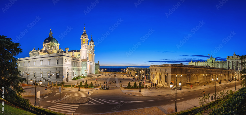 Madrid Spain, panorama city skyline sunset at Cathedral de la Almudena