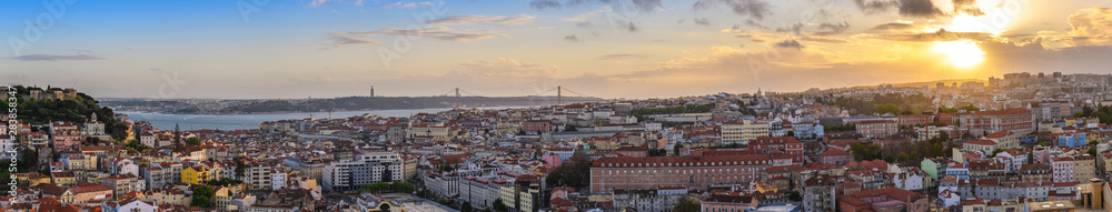 Lisbon Portugal aerial view sunset panorama city skyline at Lisbon Baixa district