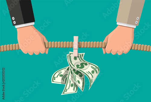 Tug of war. Two businessmen pulling rope against each other for money. Business target, rivalry, competition, conflict. Achievement, goal and success. Vector illustration in flat style