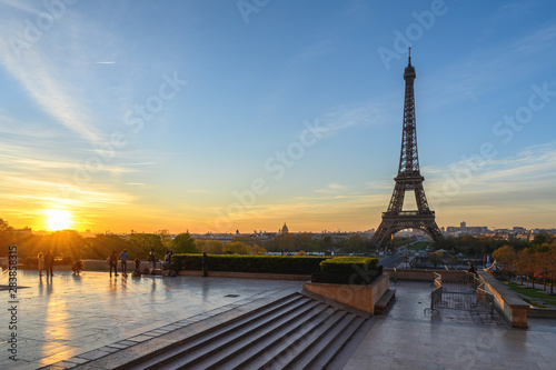Paris France city skyline sunrise at Eiffel Tower and Trocadero Gardens