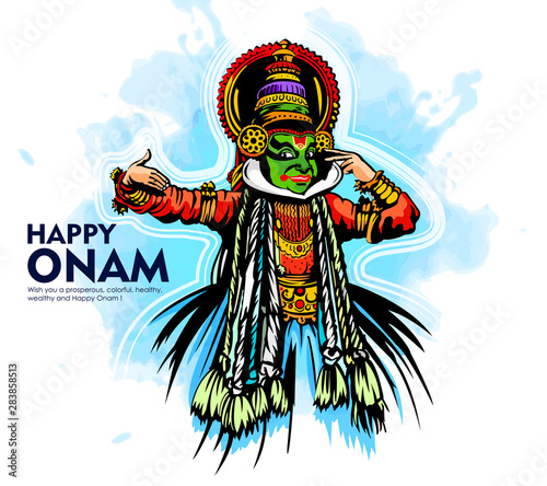 illustration of colorful Kathakali dancer and snakeboat race in Onam celebration . © mona_