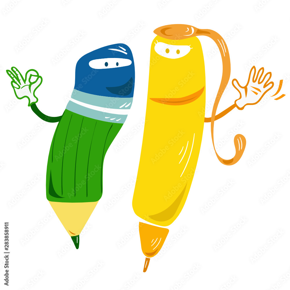 Vector image of pen and pencil. Stationery logo or promotional materials. Beginning of school year. Drawing and writing. Funny, cartoon characters for a business presentation Vector image of pen and pencil. Stationery logo or promotional materials. Beginning of school year. Drawing and writing. Funny, cartoon characters for a business presentation