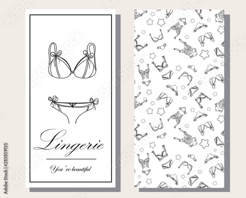 Logo and seamless pattern for Fashionable women's lingerie collection, vector illustration sketch. BRAND STYLE of women's lace underwear, panties, bras, corsets, bodies, garters, stockings, pajamas,. photo