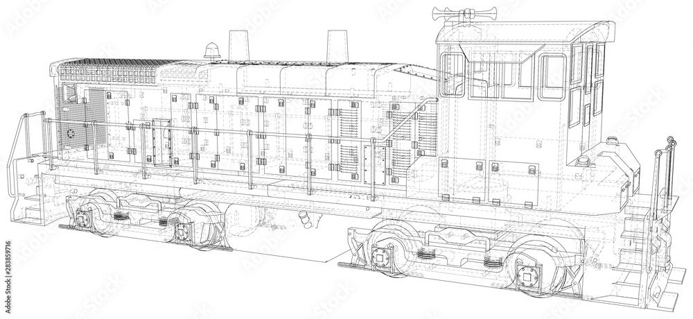 Train engines. Technical wire-frame. Vector rendering of 3d. EPS10 format.