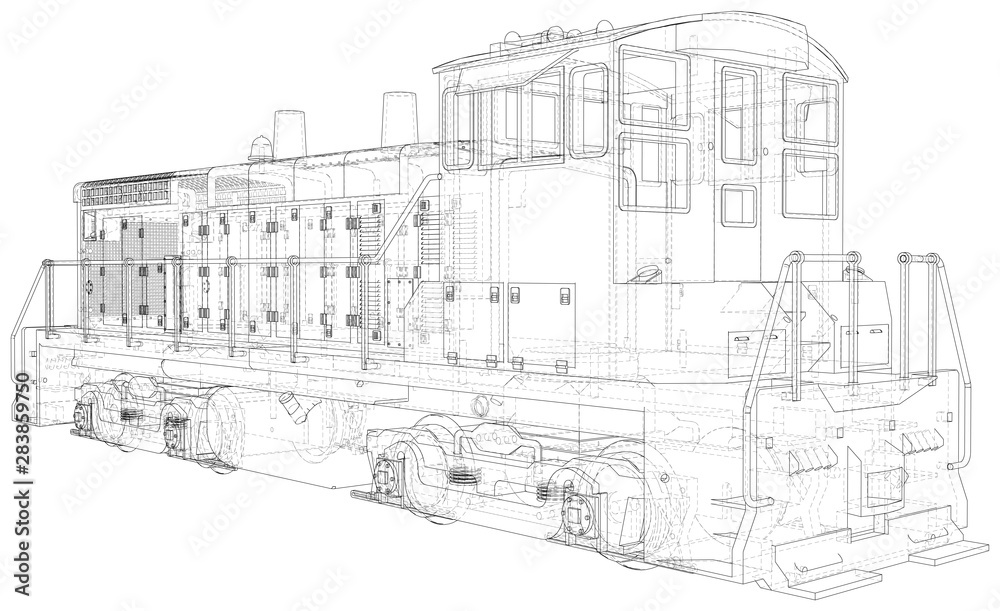 Locomotive machine technical wire-frame. EPS10 format. Vector created of 3d.