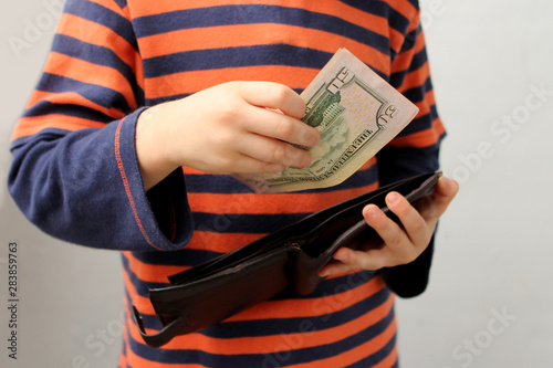 Quadro su tela child, preschooler, primary school student, takes out money, dollars, euros from