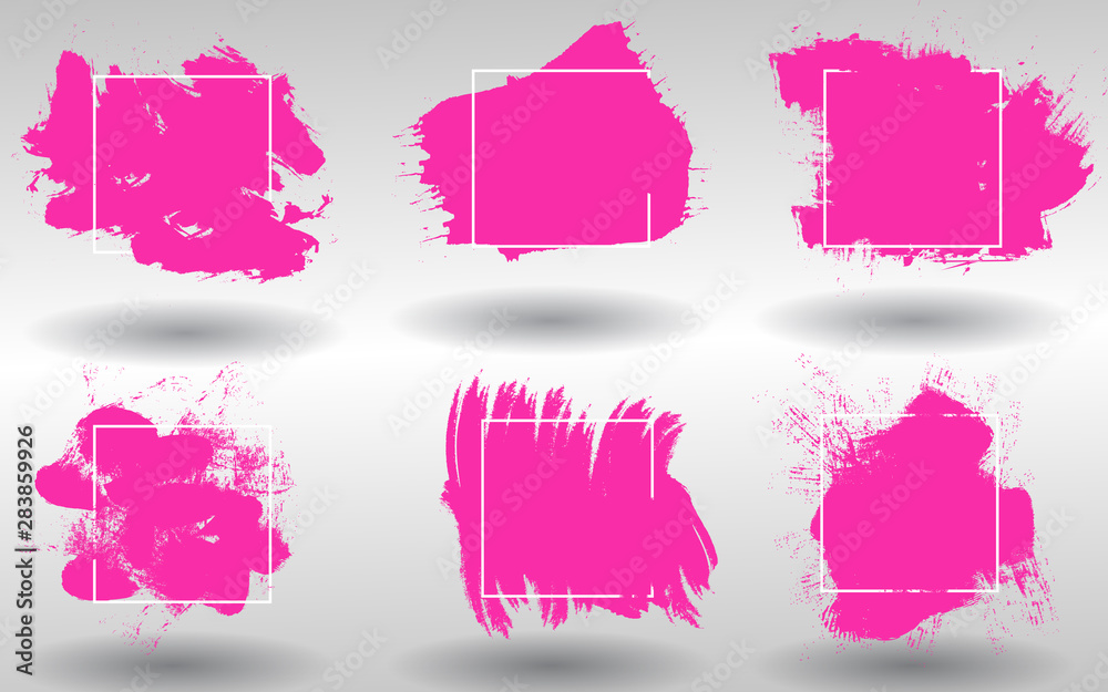 Abstract background set grunge texture. Brush shape pink paint ink color with stroke over square frame