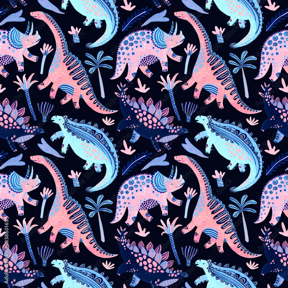 Cute cartoon dinosaurs seamless pattern in scandinavian style