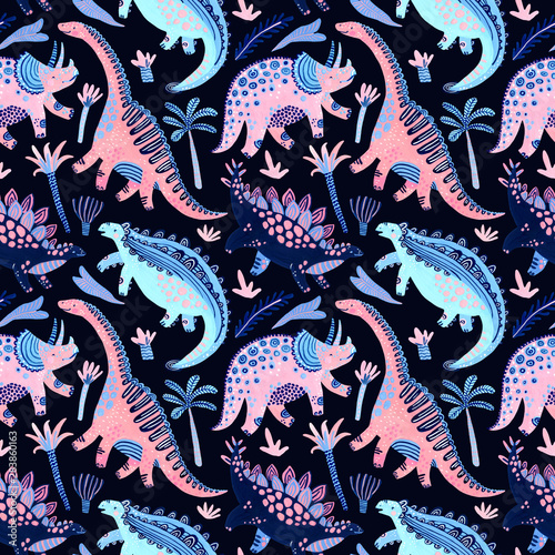 Cute cartoon dinosaurs seamless pattern in scandinavian style © Tanya Syrytsyna