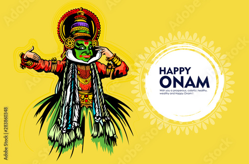 illustration of colorful Kathakali dancer and snakeboat race in Onam celebration .