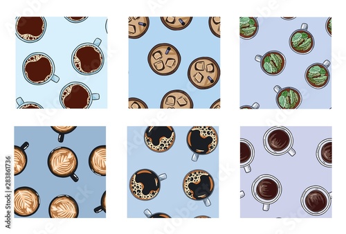 Set of cups of coffee and tea yummy drinks cute seamless patterns in pastel colors. Texture background tile