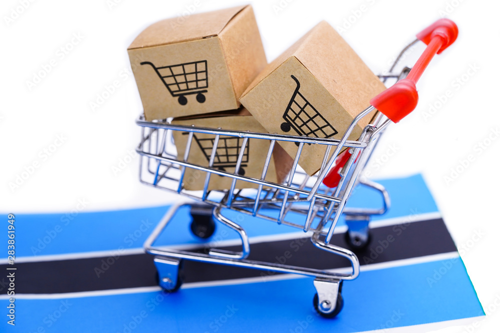 Box with shopping cart logo and Botswana flag : Import Export Shopping online or eCommerce delivery service store product shipping, trade, supplier concept.  