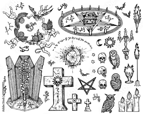 Vector engraved illustration in gothic and mystic style. No foreign language, all signs are fantasy