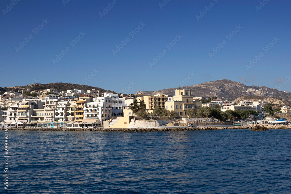 Karpathos island - The seafront of Pigadia village in summer day, Aegean sea, Dodecanese Islands, Greece