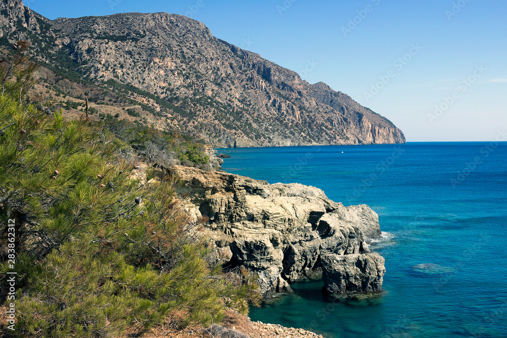 Karpathos island - Vananda coast, beautiful bay surrounded by a pine forest, Aegean sea, Dodecanese Islands, Greece