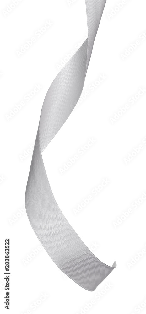 Vertical silver satin ribbon isolated on white background Vertical silver satin ribbon isolated on white background