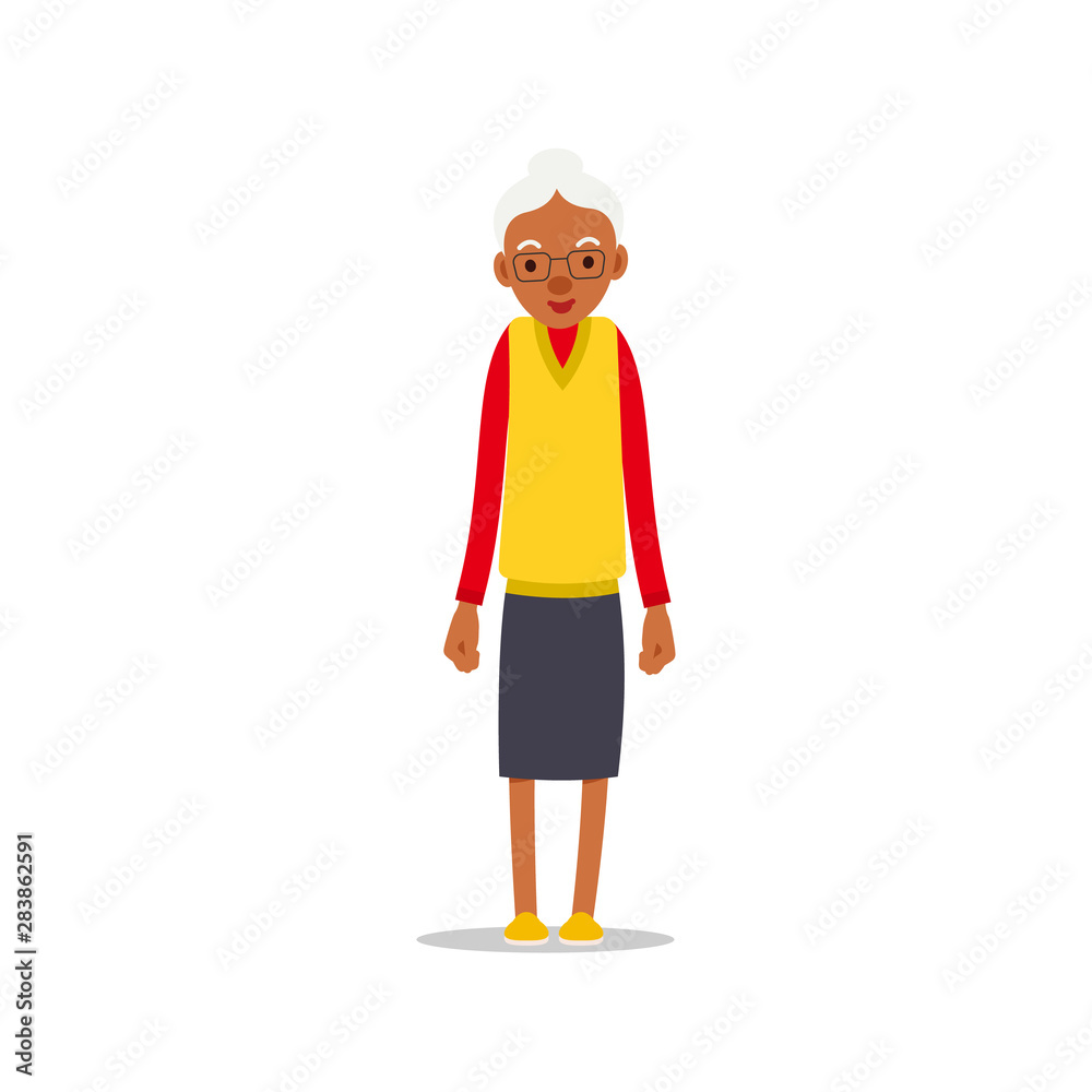 Happy african old woman. Cute grandmother standing and smiling. Traditional retirement lifestyle. Older black lady retired. Cartoon illustration isolated on white background in flat style Happy african old woman. Cute grandmother standing and smiling. Traditional retirement lifestyle. Older black lady retired. Cartoon illustration isolated on white background in flat style