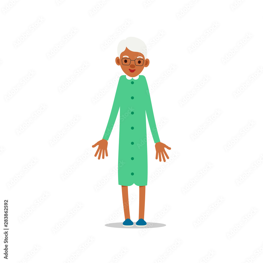 Happy african old woman. Cute grandmother standing and smiling. Traditional retirement lifestyle. Older black lady retired. Cartoon illustration isolated on white background in flat style Happy african old woman. Cute grandmother standing and smiling. Traditional retirement lifestyle. Older black lady retired. Cartoon illustration isolated on white background in flat style