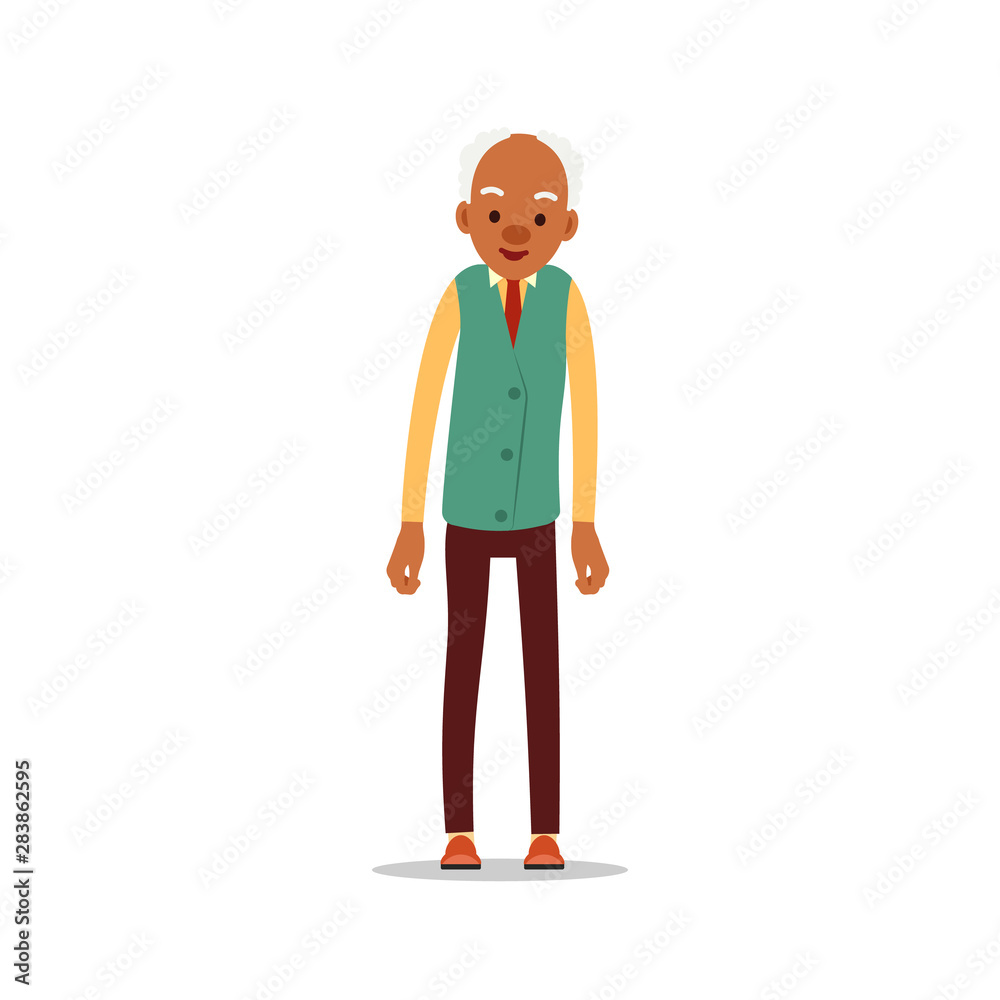 Attractive african old man. Older black senior retired. Cute grandfather standing and smiling. Traditional retirement lifestyle. Cartoon illustration isolated on white background in flat style Attractive african old man. Older black senior retired. Cute grandfather standing and smiling. Traditional retirement lifestyle. Cartoon illustration isolated on white background in flat style