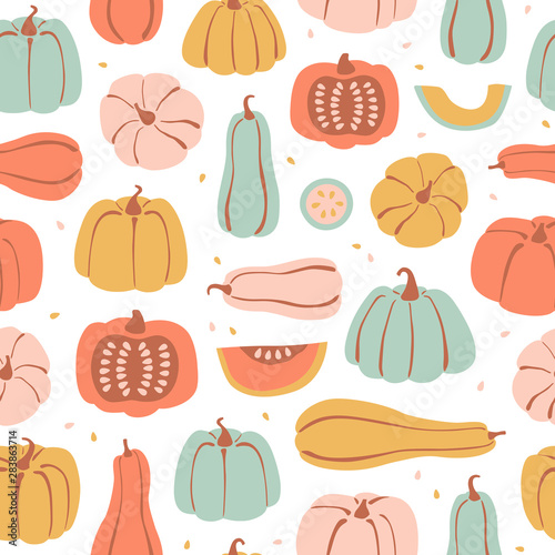 Seamless pattern with hand drawn pumpkin in cartoon style. Flat pastel background of pumpkins, squash and seeds. Autumn texture for thanksgiving, harvest and halloween. Vector Illustration
